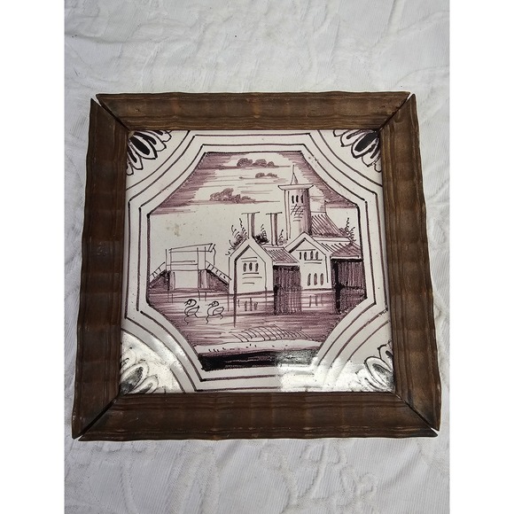 Other - 18th century salvaged Delft manganese tile depicting  buildings and trees‎ 6x6